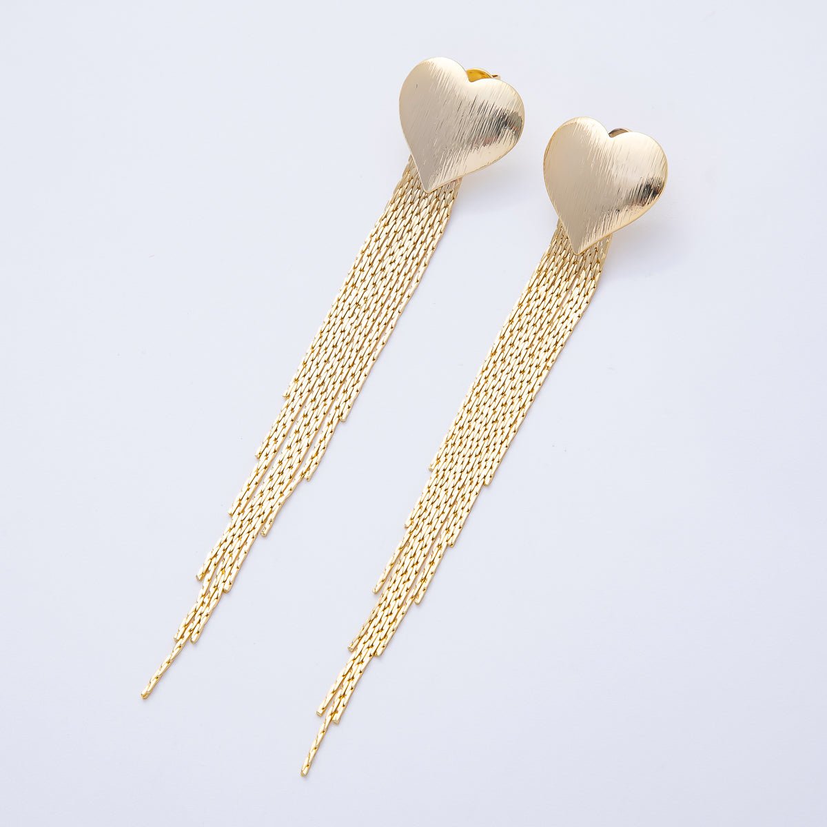 18K Gold Filled 106mm Textured Heart Snake Chain Fringe Drop Stud Earrings | T487 - DLUXCA