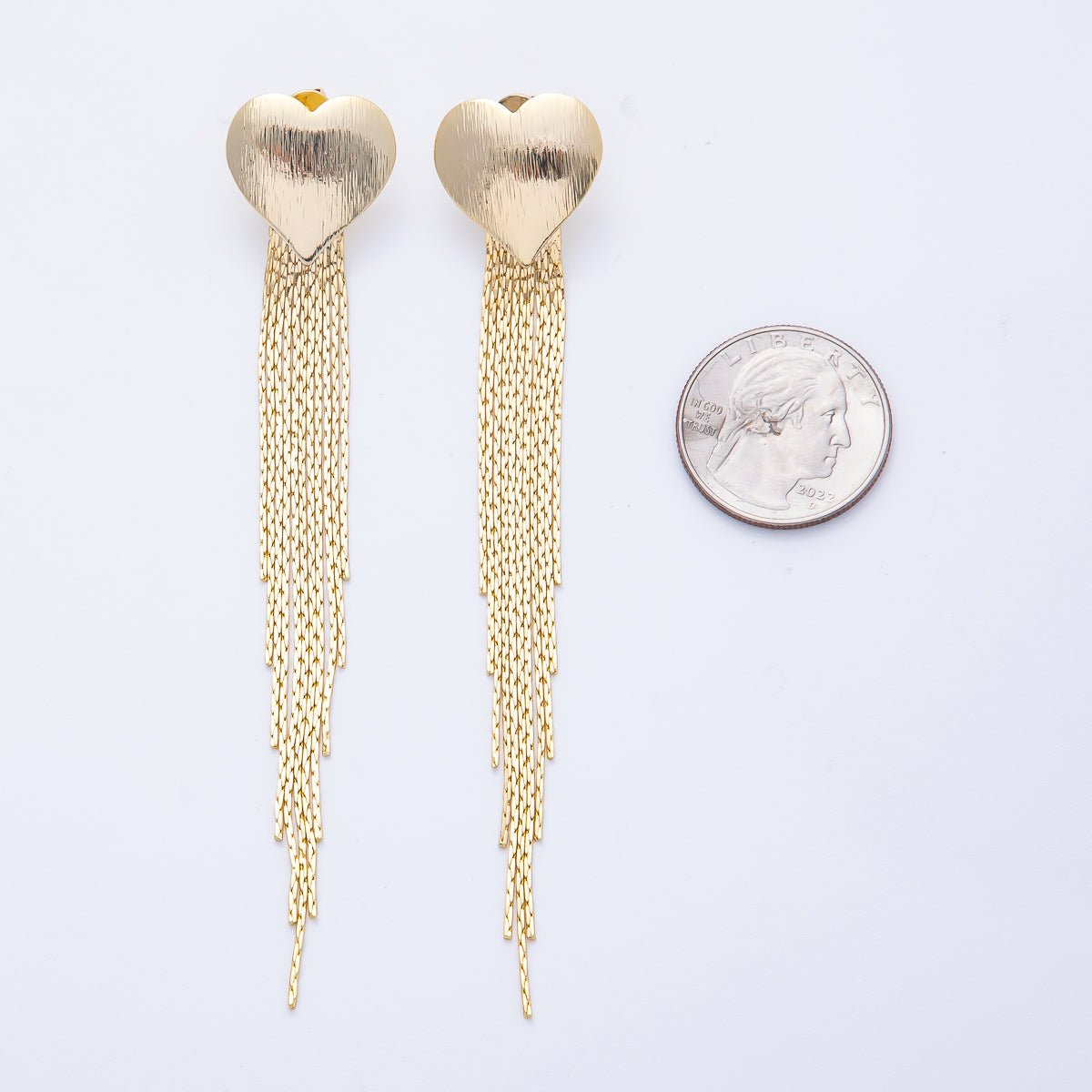 18K Gold Filled 106mm Textured Heart Snake Chain Fringe Drop Stud Earrings | T487 - DLUXCA