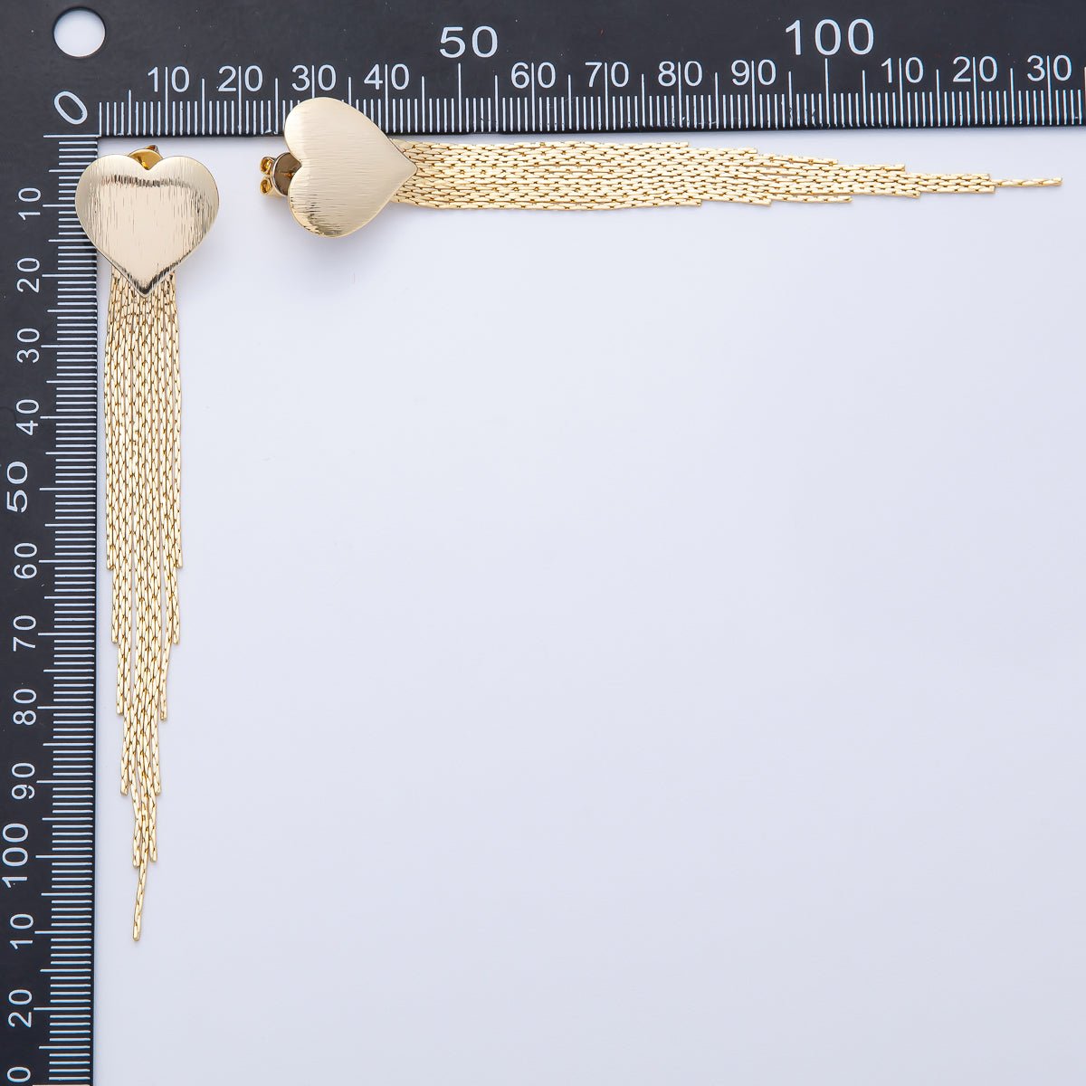 18K Gold Filled 106mm Textured Heart Snake Chain Fringe Drop Stud Earrings | T487 - DLUXCA