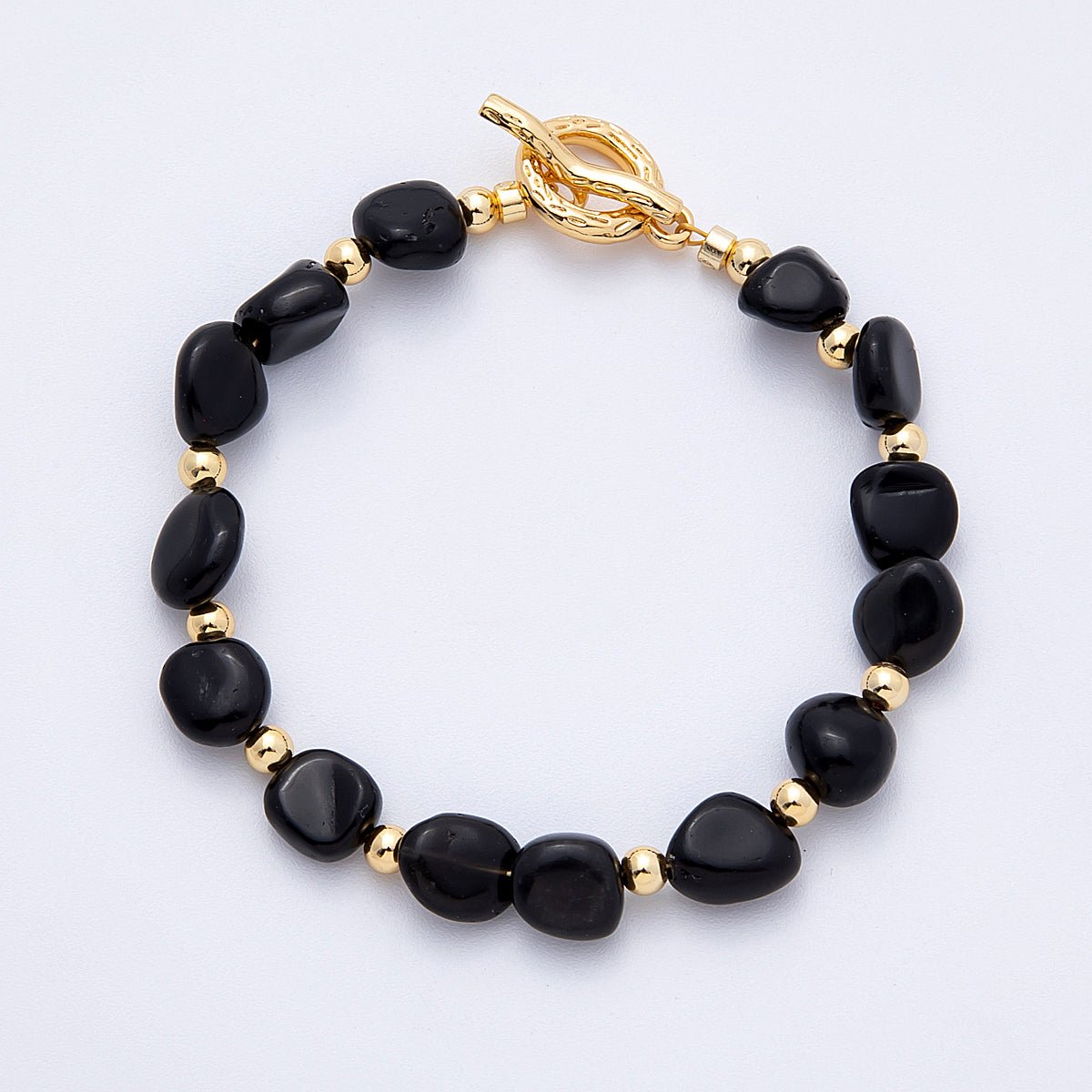 18K Gold Filled 10mm Onyx, Carnelian, Amazonite Pebble Gemstone Bead 7.5 Inch Toggle Bracelet | WA - 4105 - DLUXCA