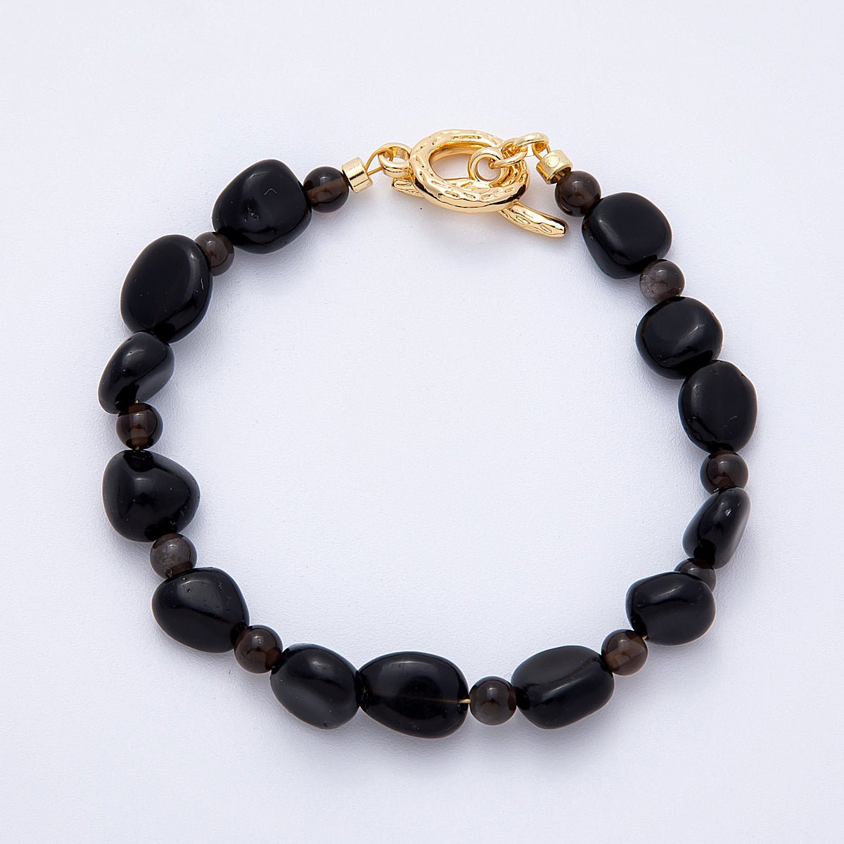18K Gold Filled 10mm Onyx, Carnelian, Amazonite Pebble Gemstone Bead 7.5 Inch Toggle Bracelet | WA - 4105 - DLUXCA