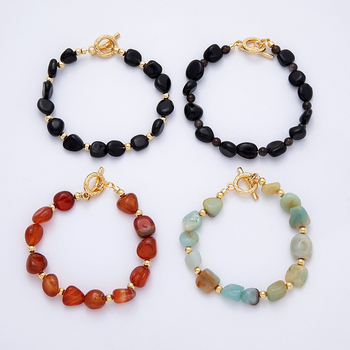 18K Gold Filled 10mm Onyx, Carnelian, Amazonite Pebble Gemstone Bead 7.5 Inch Toggle Bracelet | WA - 4105 - DLUXCA