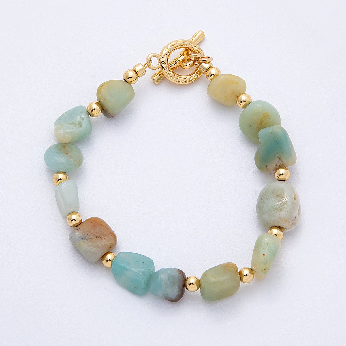 18K Gold Filled 10mm Onyx, Carnelian, Amazonite Pebble Gemstone Bead 7.5 Inch Toggle Bracelet | WA - 4105 - DLUXCA