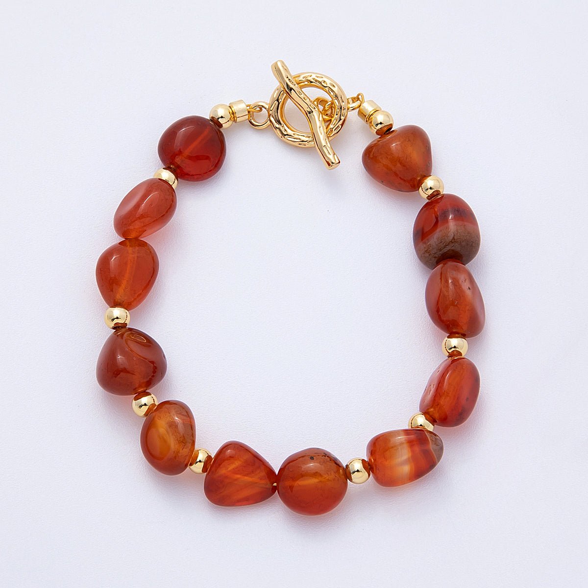 18K Gold Filled 10mm Onyx, Carnelian, Amazonite Pebble Gemstone Bead 7.5 Inch Toggle Bracelet | WA - 4105 - DLUXCA