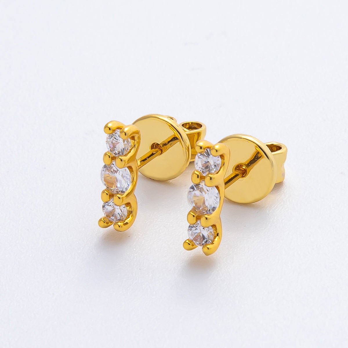 18K Gold Filled 10mm Round CZ Linear Cluster Minimalist Stud Earrings | AD1565 - DLUXCA