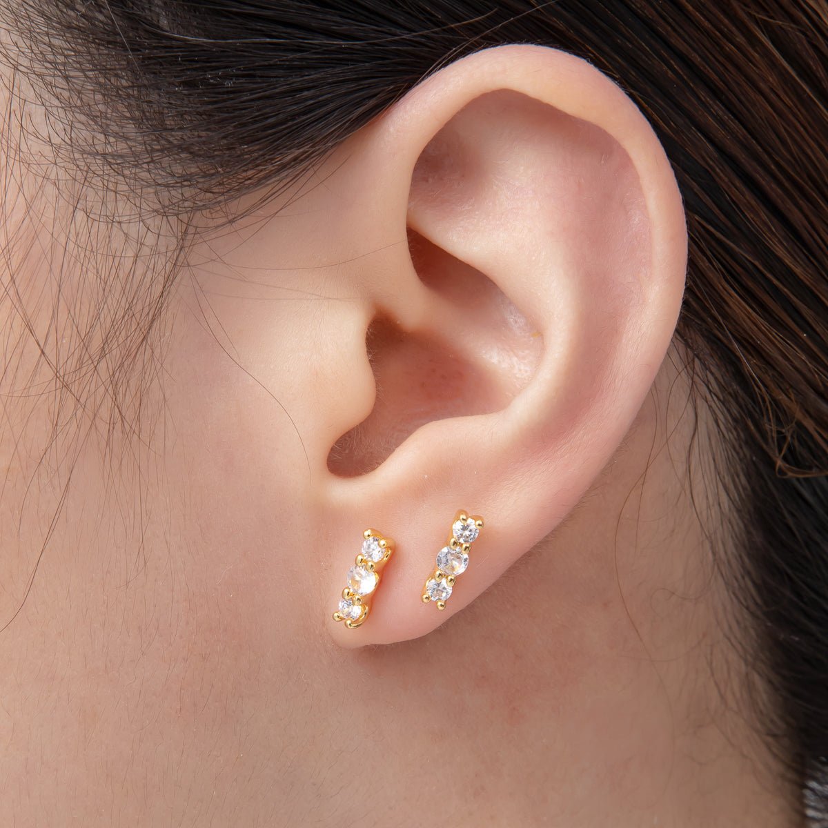 18K Gold Filled 10mm Round CZ Linear Cluster Minimalist Stud Earrings | AD1565 - DLUXCA