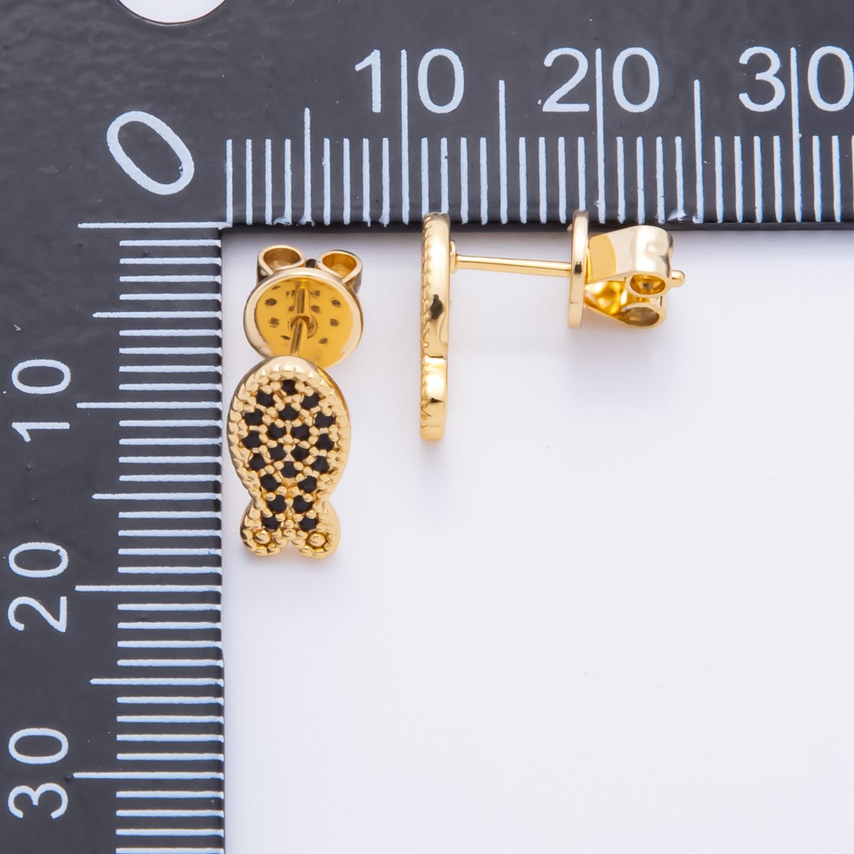 18K Gold Filled 11.5mm Black CZ Micro Paved Whimsical Sea Fish Studs Earrings | AJ172 - DLUXCA