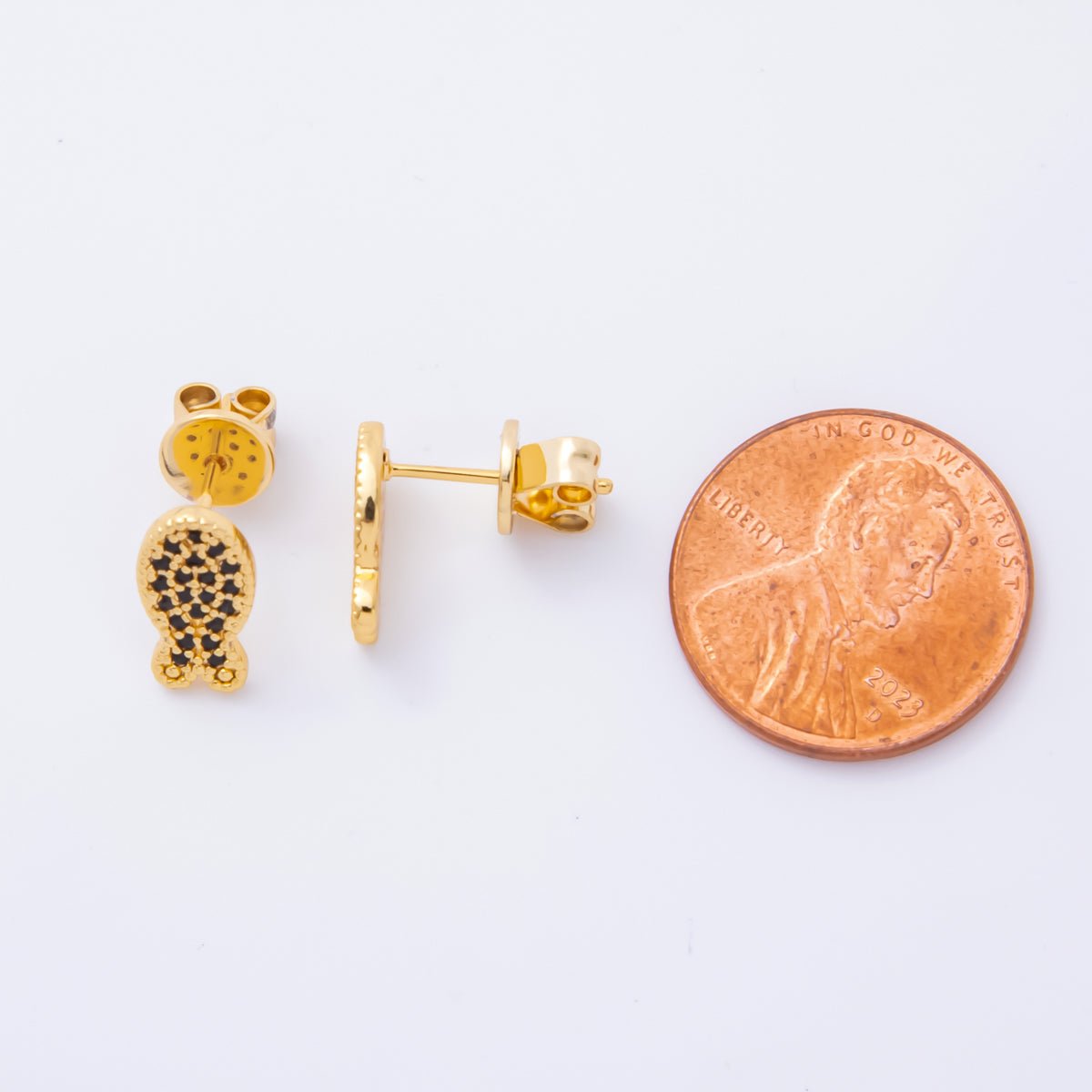 18K Gold Filled 11.5mm Black CZ Micro Paved Whimsical Sea Fish Studs Earrings | AJ172 - DLUXCA