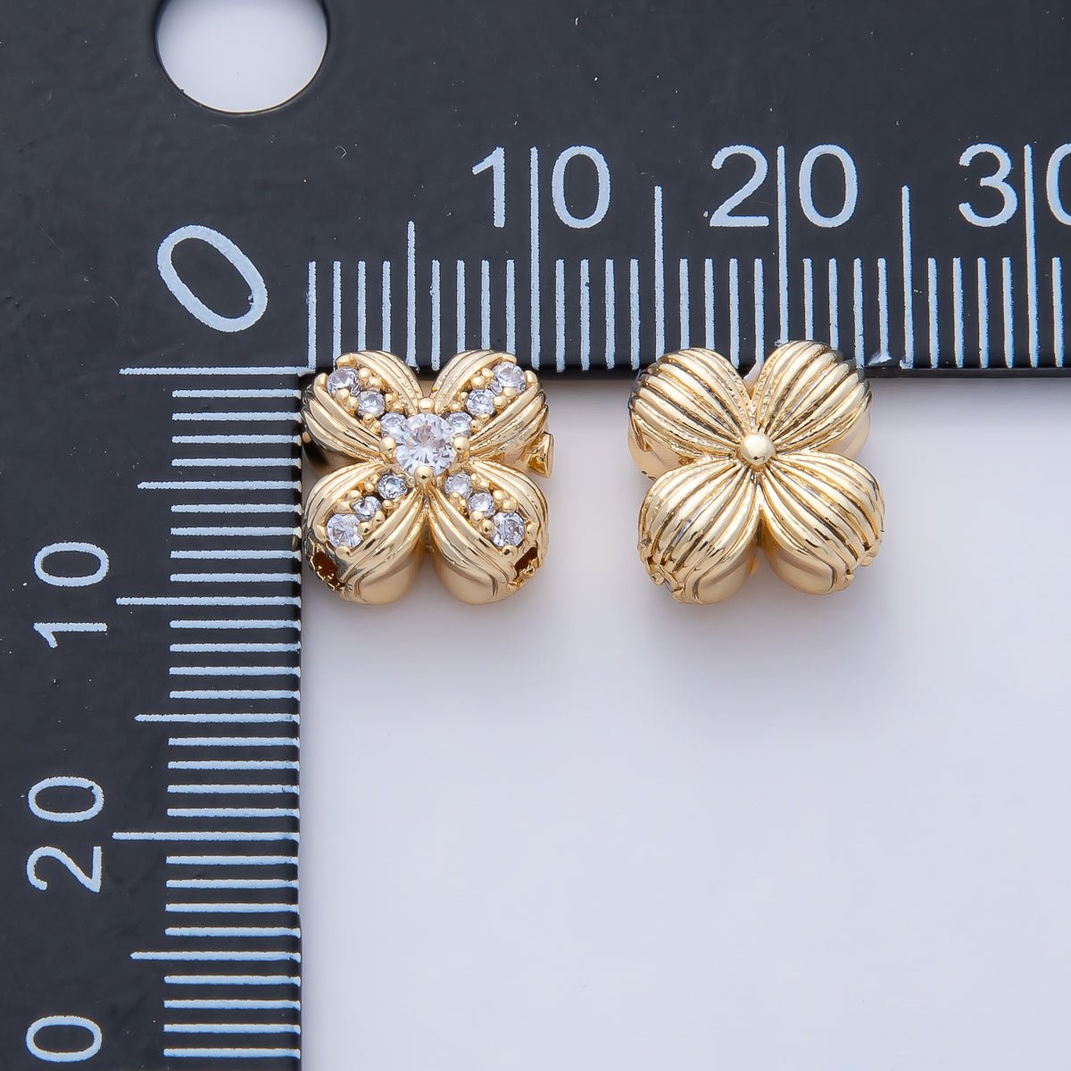 18K Gold Filled 11.5mm Micro Paved CZ Ribbed Quatrefoil Flower Bead | B535 - DLUXCA