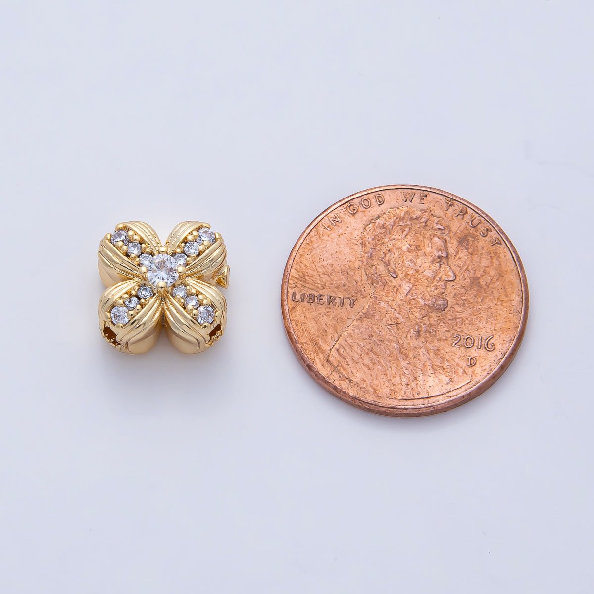 18K Gold Filled 11.5mm Micro Paved CZ Ribbed Quatrefoil Flower Bead | B535 - DLUXCA