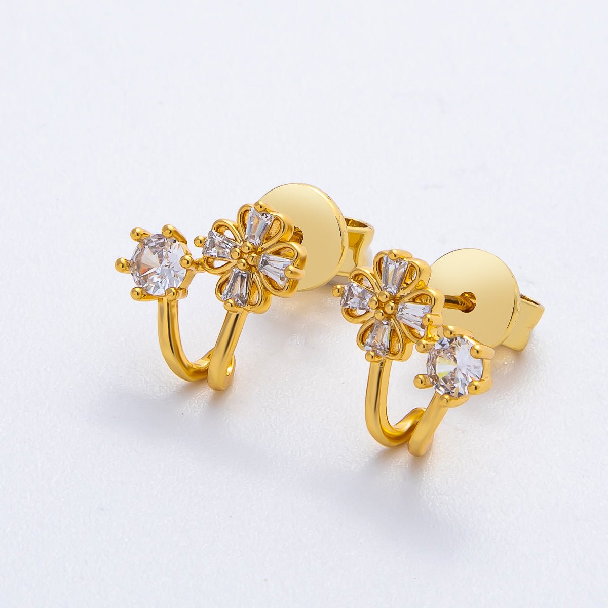 18K Gold Filled 11mm Baguette, Round CZ Tiny Flower Studs Earrings | AD1574 - DLUXCA