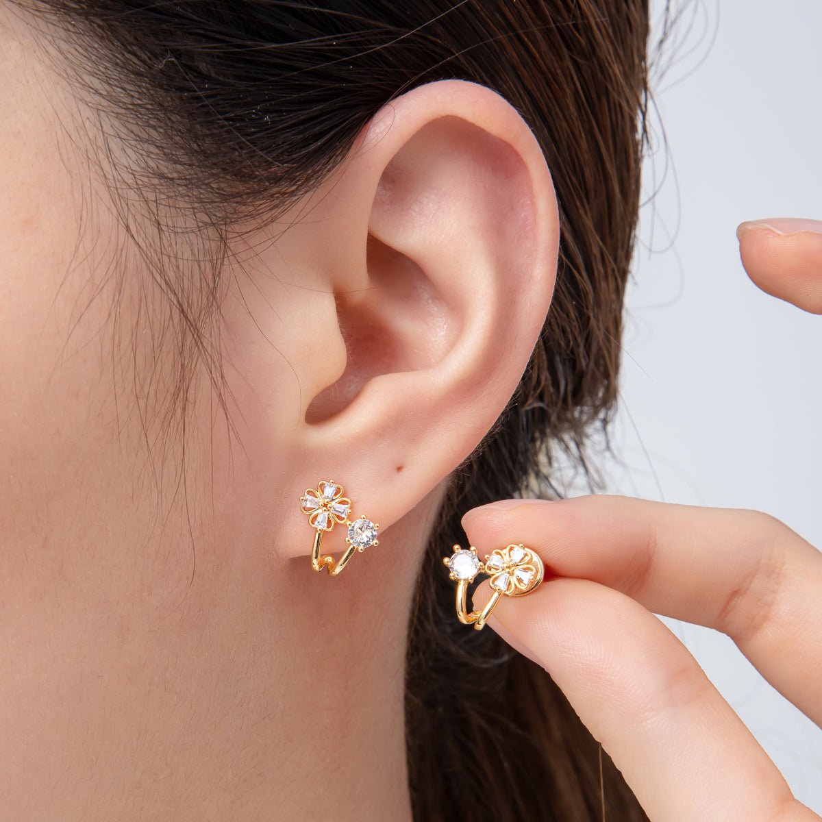 18K Gold Filled 11mm Baguette, Round CZ Tiny Flower Studs Earrings | AD1574 - DLUXCA