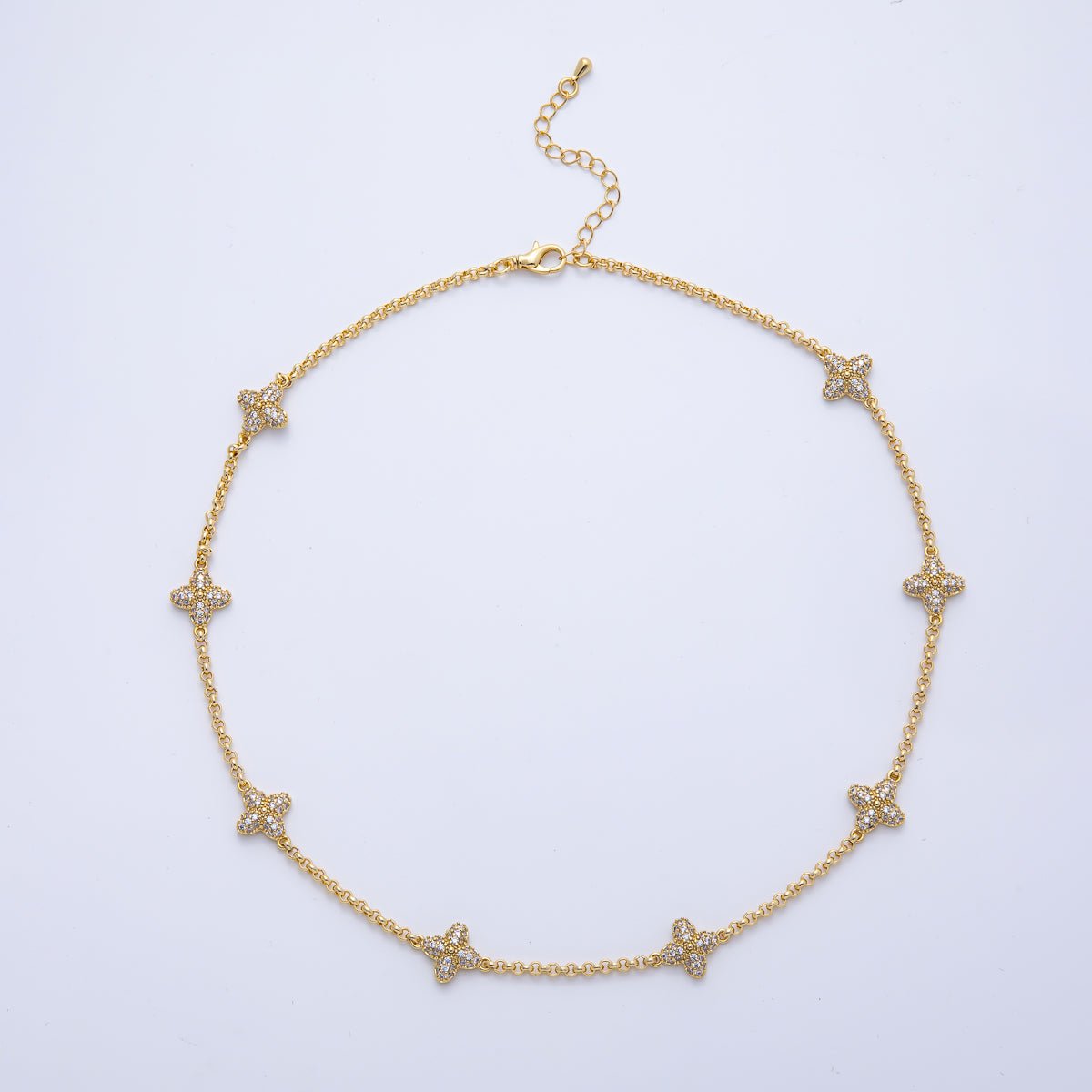 18K Gold Filled 11mm Clover Micro Paved CZ Round Rolo Chain 18 Inch Necklace | WA - A3984 - DLUXCA