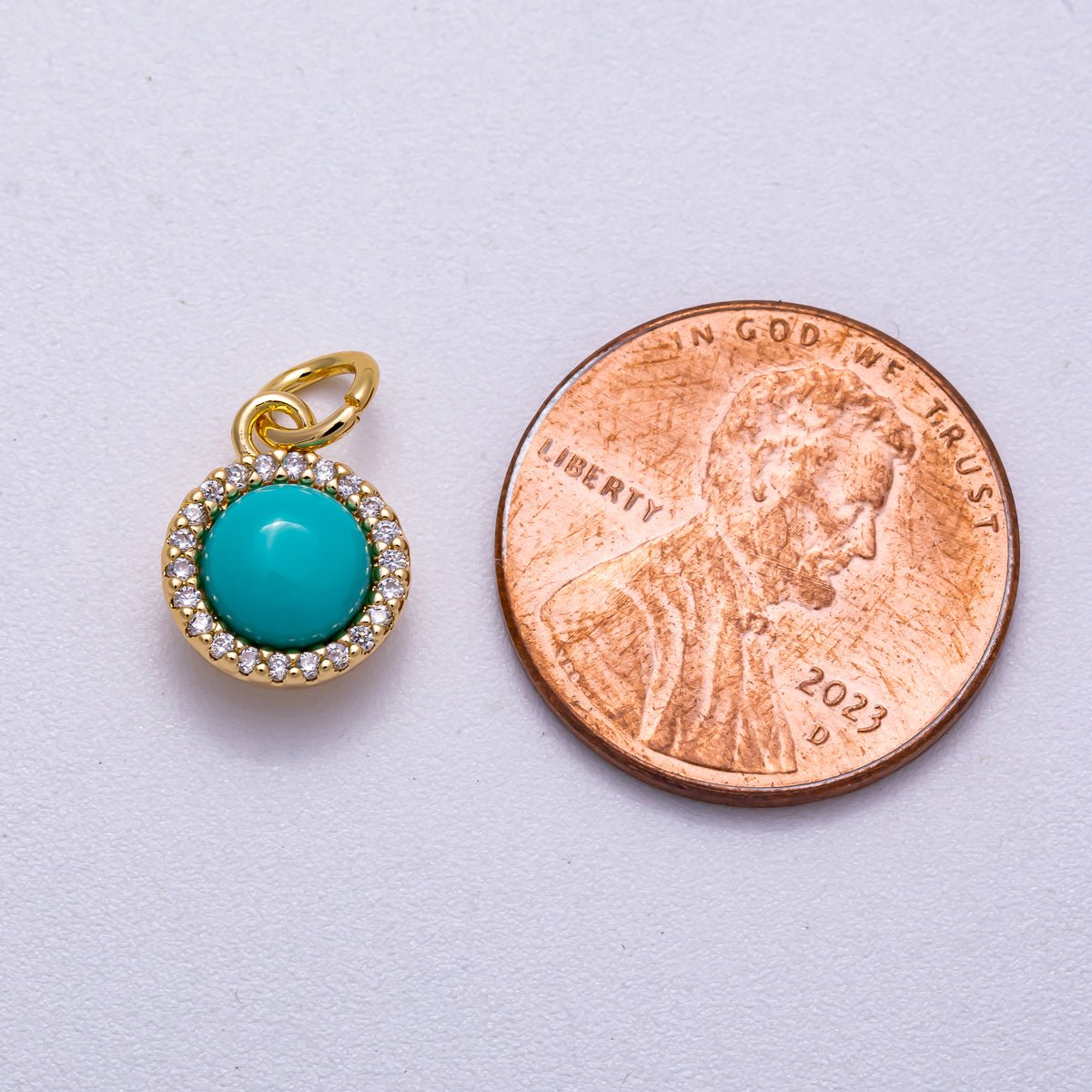 18K Gold Filled 11mm Turquoise Micro Paved CZ Round Bezel Mini Charm | Charms - 00551 - DLUXCA