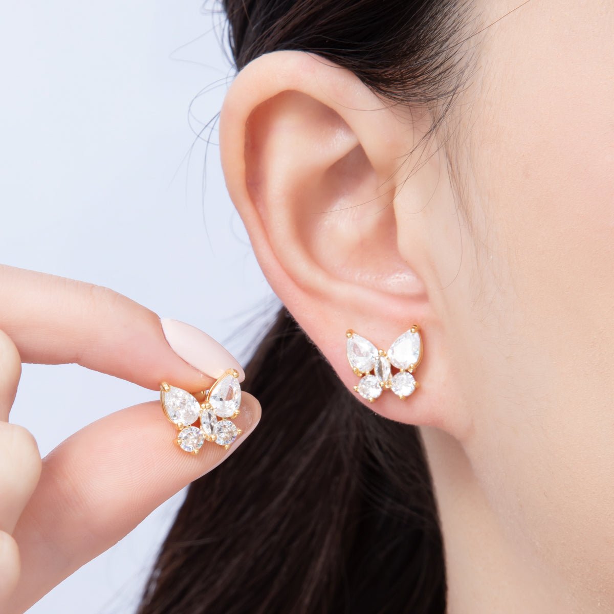 18K Gold Filled 12.5mm Clear CZ Butterfly Stud Earrings | Earrings - 00125 - DLUXCA