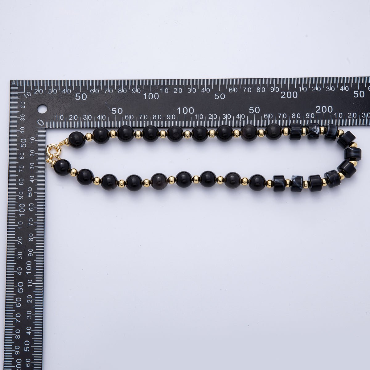 18K Gold Filled 12mm Black Nero Marquina Onyx Tube Round Bead 18.7 Inch w. Sailor Clasps | WA - 4133 - DLUXCA