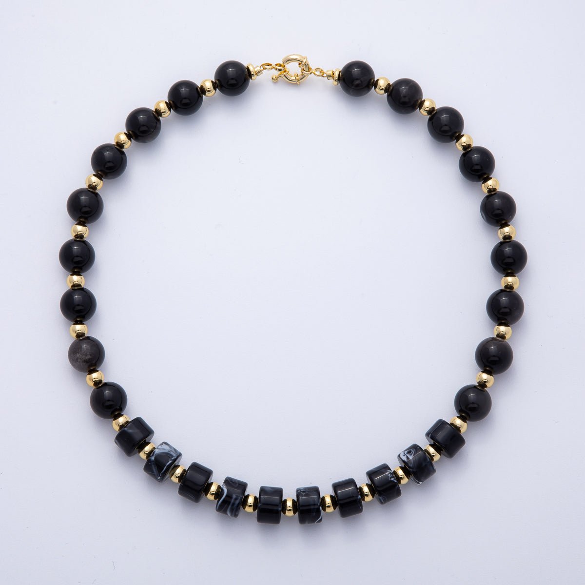 18K Gold Filled 12mm Black Nero Marquina Onyx Tube Round Bead 18.7 Inch w. Sailor Clasps | WA - 4133 - DLUXCA