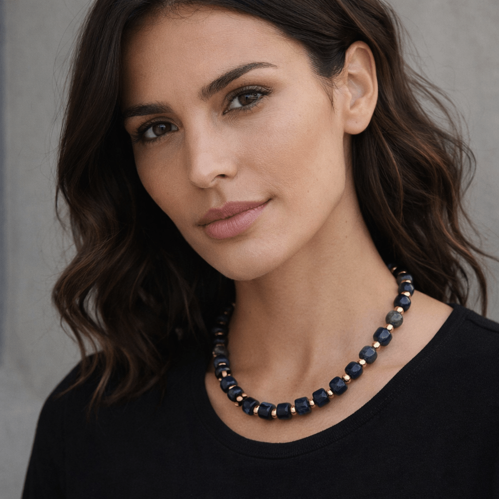 18K Gold Filled 12mm Blue Lapis Lazuli Tube Round Bead 18.7 Inch w. Sailor Clasps | WA - 4129 - DLUXCA