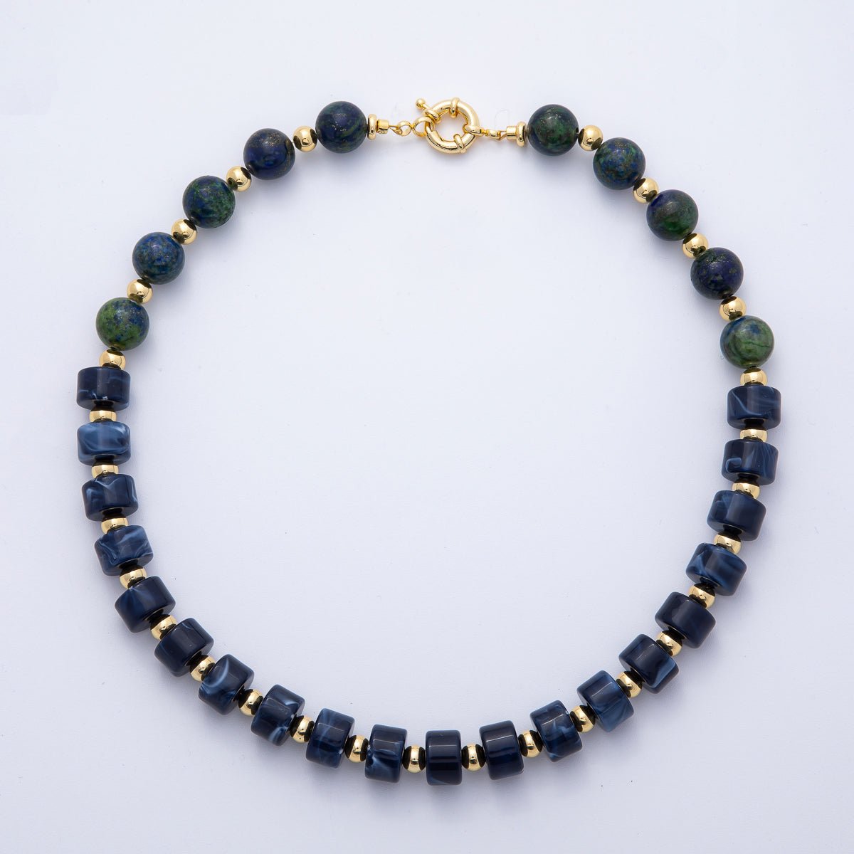 18K Gold Filled 12mm Blue Lapis Lazuli Tube Round Bead 18.7 Inch w. Sailor Clasps | WA - 4129 - DLUXCA