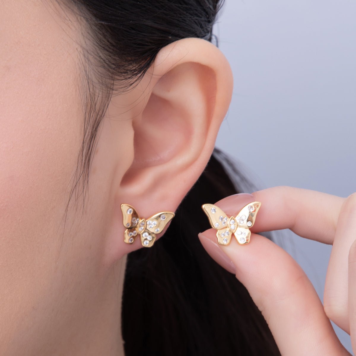 18K Gold Filled 12mm Clear CZ Dotted Butterfly Stud Earrings | AD1622 - DLUXCA