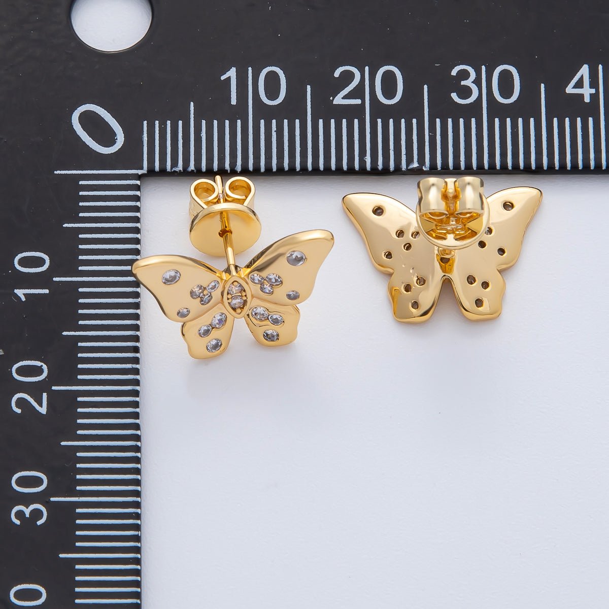 18K Gold Filled 12mm Clear CZ Dotted Butterfly Stud Earrings | AD1622 - DLUXCA