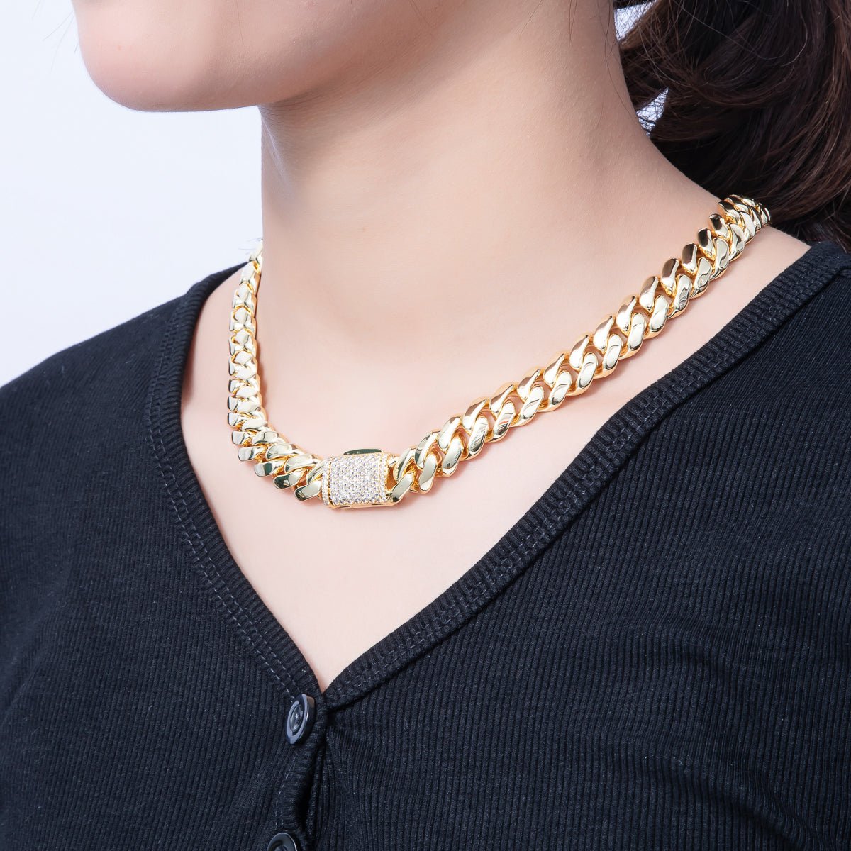 18K Gold Filled 12mm Curb Chain Micro Paved Clasps 17.3 , 17.7 Inch Necklace | WA - 3945 - DLUXCA