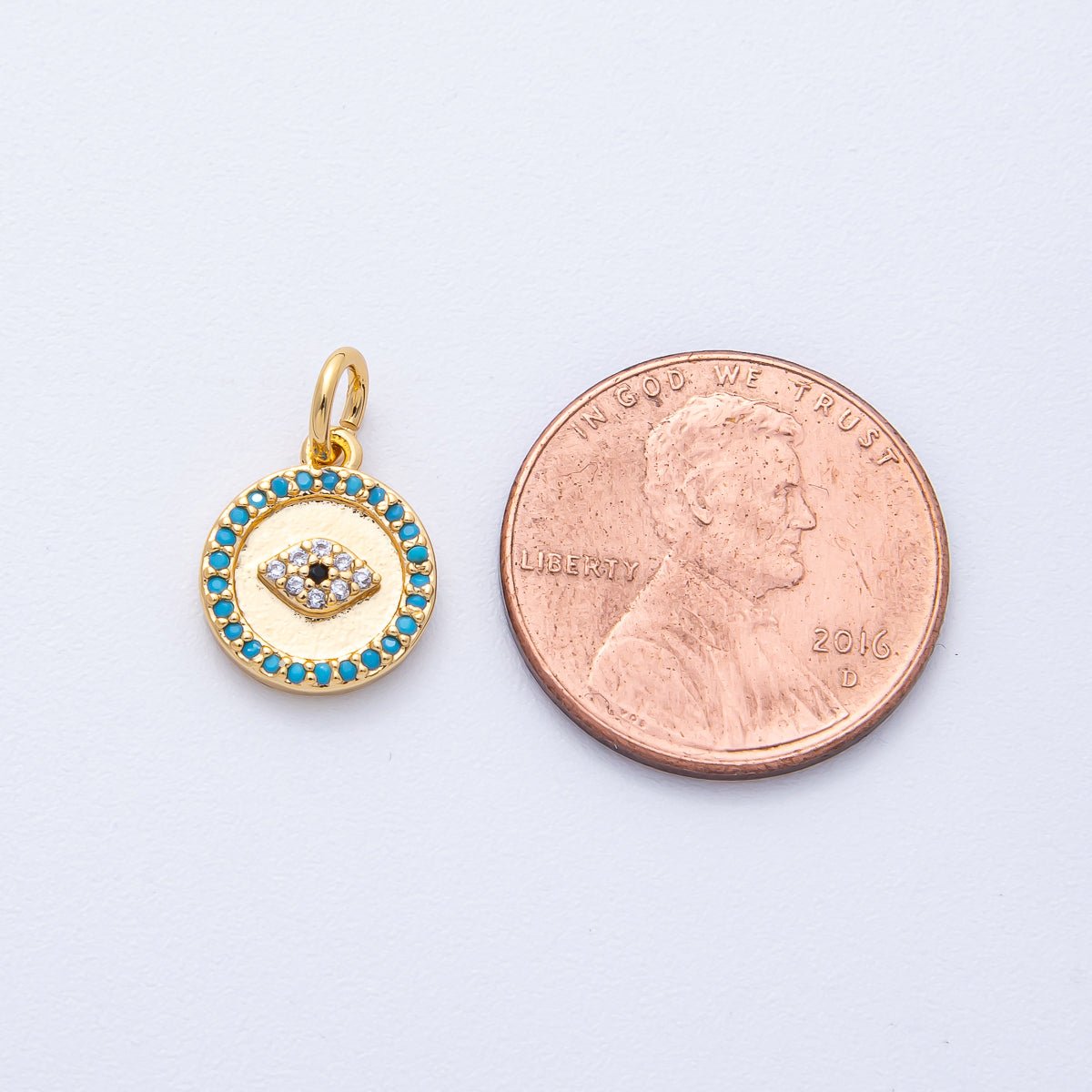 18K Gold Filled 12mm Mini Turquoise Micro Paved CZ Evil Eye Round Charm | AK187 - DLUXCA