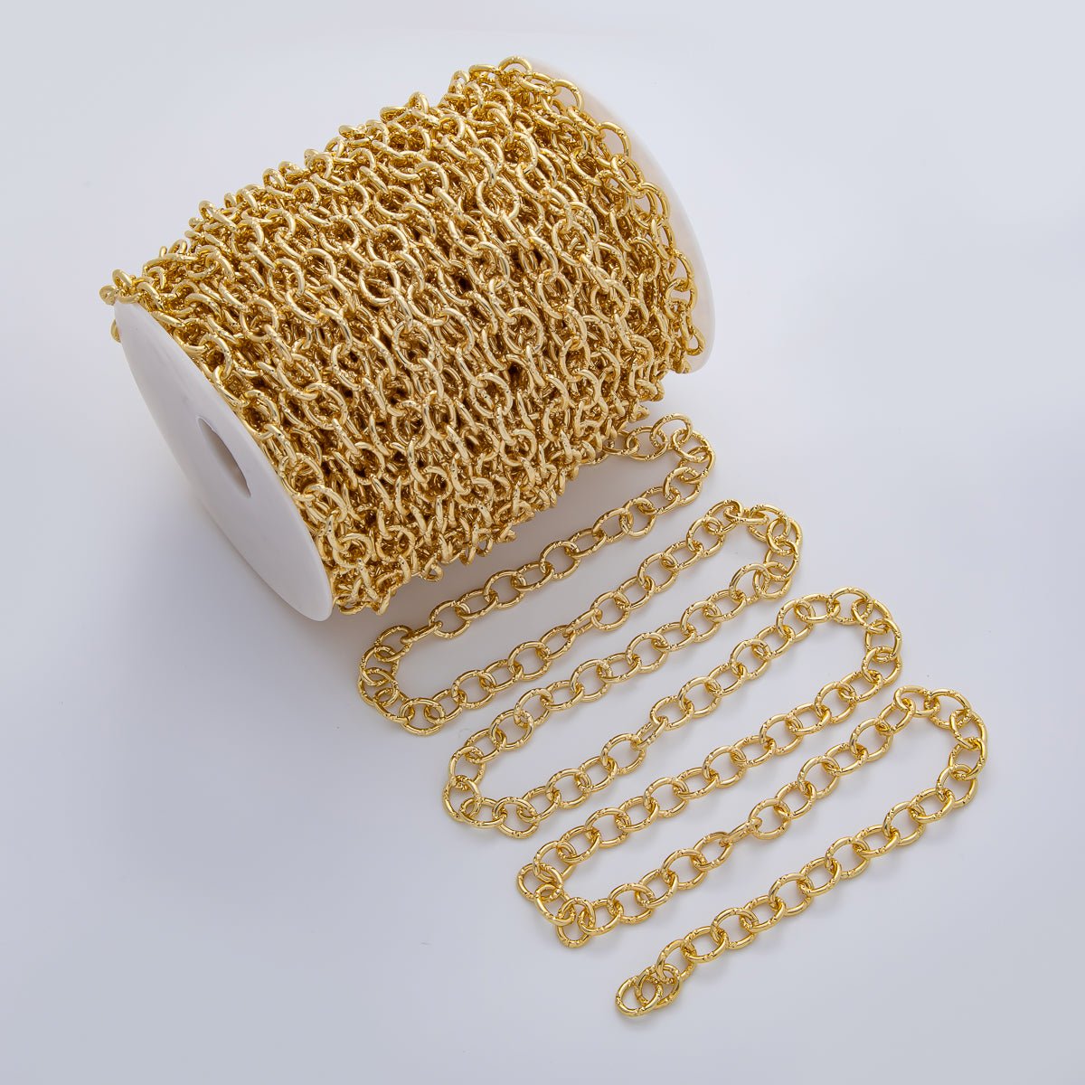 18K Gold Filled 12mm x 9.5mm Hammered Cable Unfinished Chain by Yard | Roll - 1770 - DLUXCA