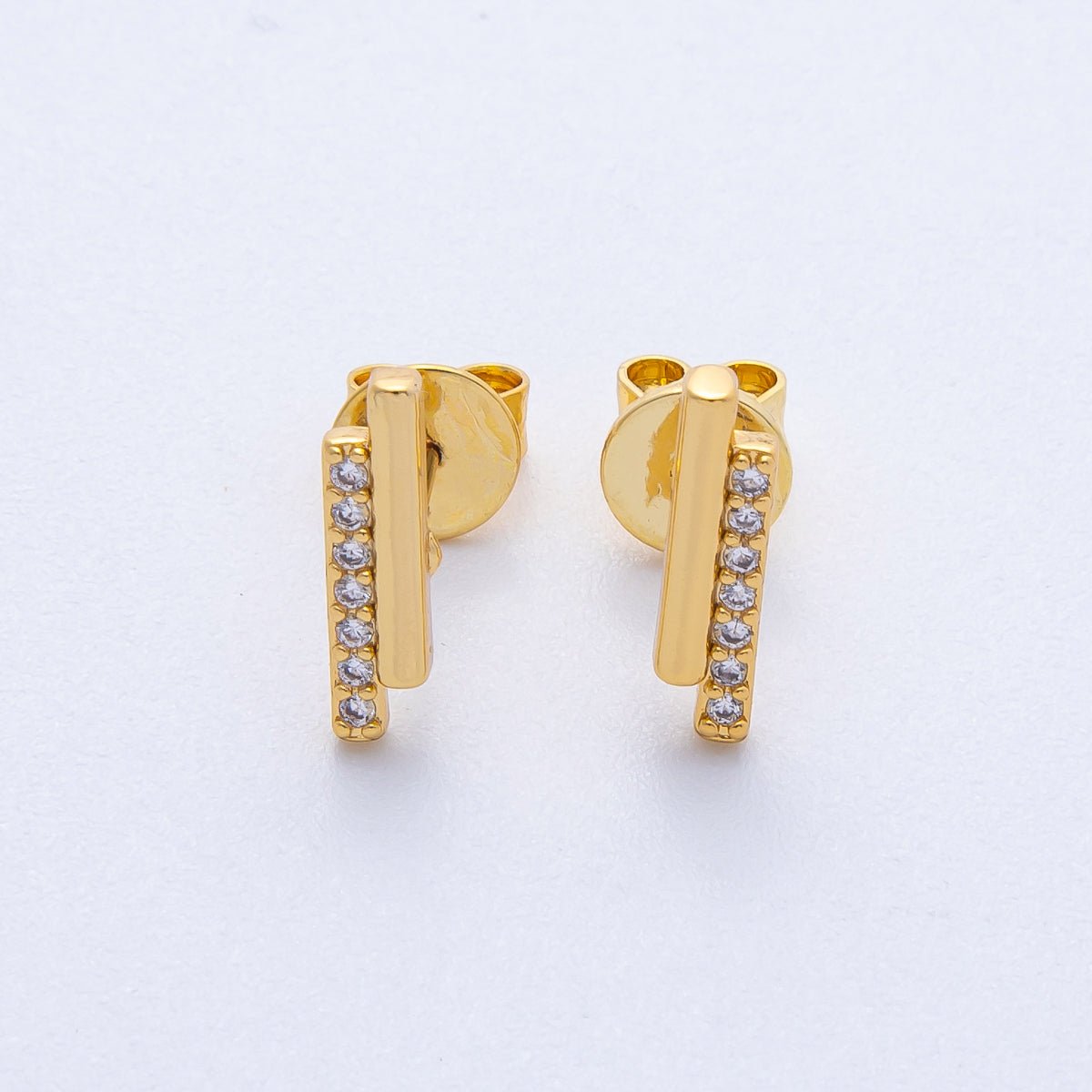 18K Gold Filled 13.5mm Micro Paved CZ Double Bar Stud Earrings | Earrings - 00105 - DLUXCA