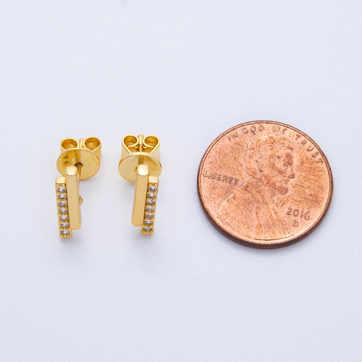 18K Gold Filled 13.5mm Micro Paved CZ Double Bar Stud Earrings | Earrings - 00105 - DLUXCA
