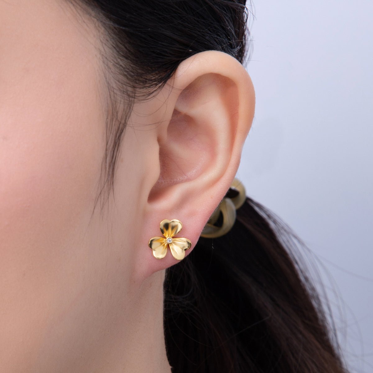 18K Gold Filled 13mm 3 - Leaf Lucky Clover Floral Stud Earrings | AD1596 - DLUXCA