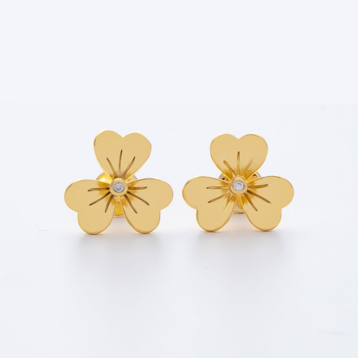 18K Gold Filled 13mm 3 - Leaf Lucky Clover Floral Stud Earrings | AD1596 - DLUXCA