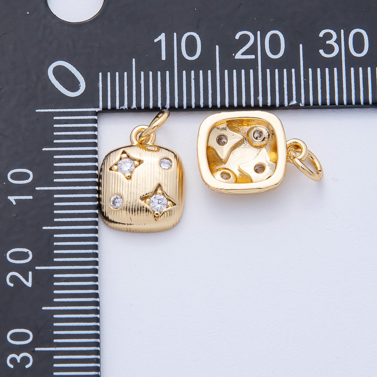18K Gold Filled 13mm Clear CZ Star Dotted Ribbed Square Charm | AK157 - DLUXCA