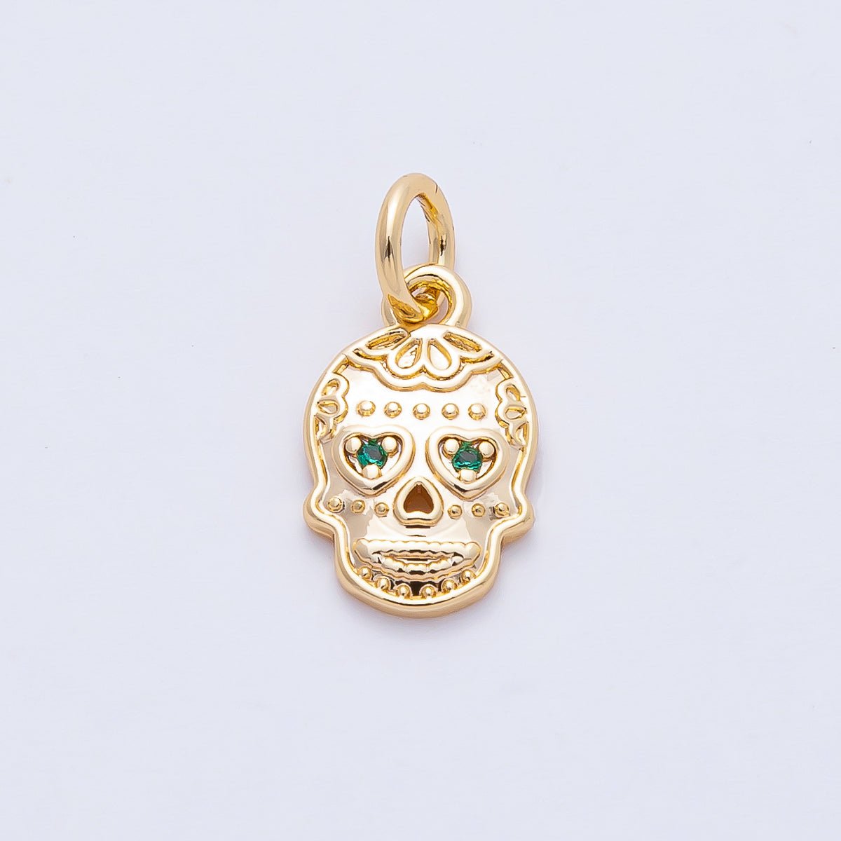 18K Gold Filled 13mm Green CZ Dios Muertos Human Skull Skeleton Head Charm | AF1463 - DLUXCA