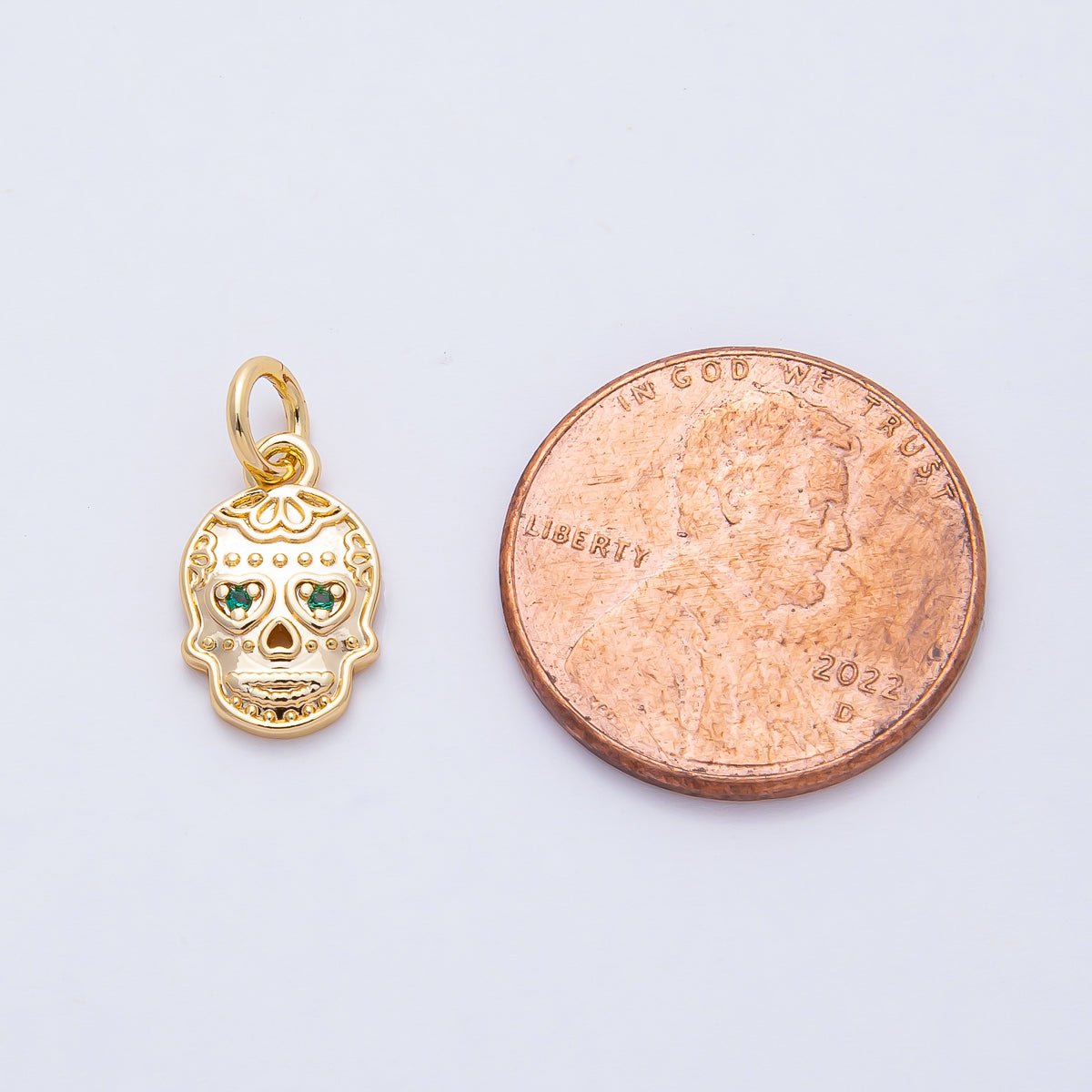 18K Gold Filled 13mm Green CZ Dios Muertos Human Skull Skeleton Head Charm | AF1463 - DLUXCA