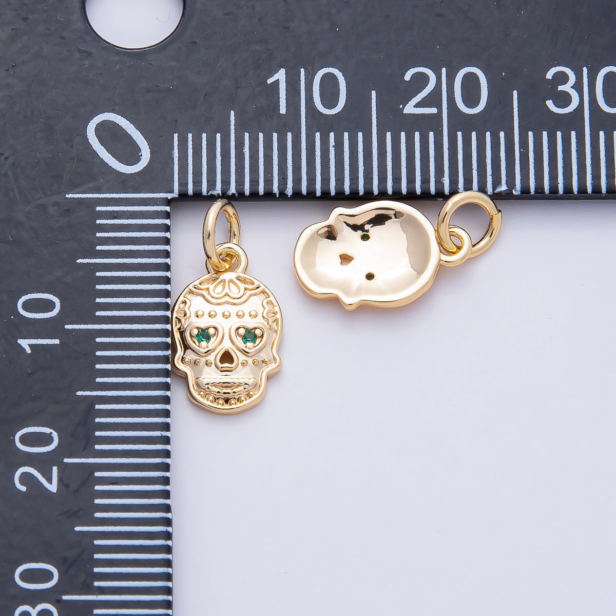18K Gold Filled 13mm Green CZ Dios Muertos Human Skull Skeleton Head Charm | AF1463 - DLUXCA