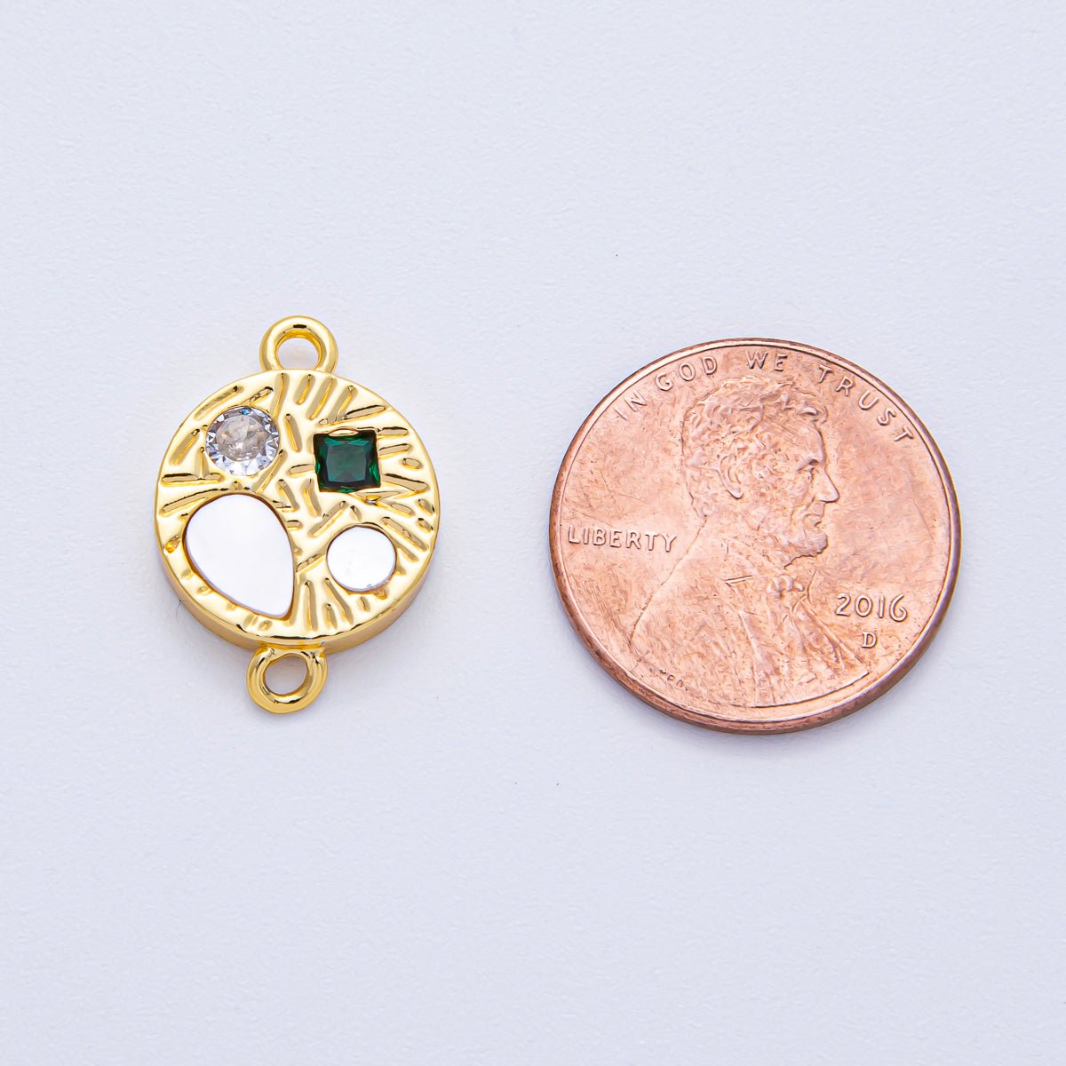 18K Gold Filled 13mm Multicolor CZ Shell Pearl Geometric Textured Round Connector | Y170 - DLUXCA