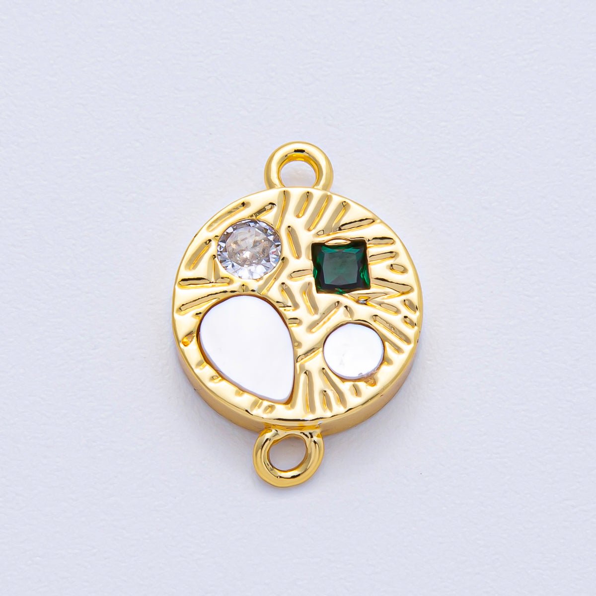 18K Gold Filled 13mm Multicolor CZ Shell Pearl Geometric Textured Round Connector | Y170 - DLUXCA