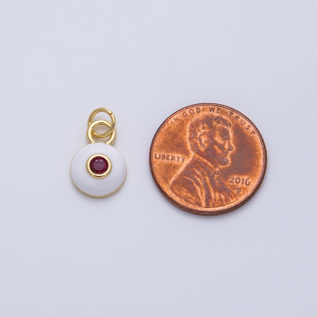 18K Gold Filled 13mm Red CZ White Enamel Bezel Round Mini Charm | Charms - 00140 - DLUXCA