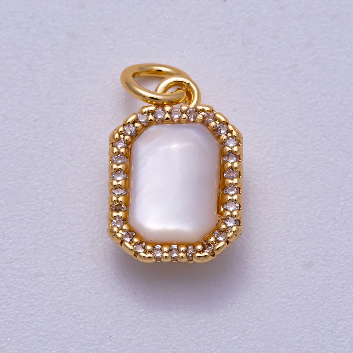 18K Gold Filled 13mm White Shell Pearl Micro Paved CZ Rectangle Bezel Mini Charm | Charms - 00552 - DLUXCA