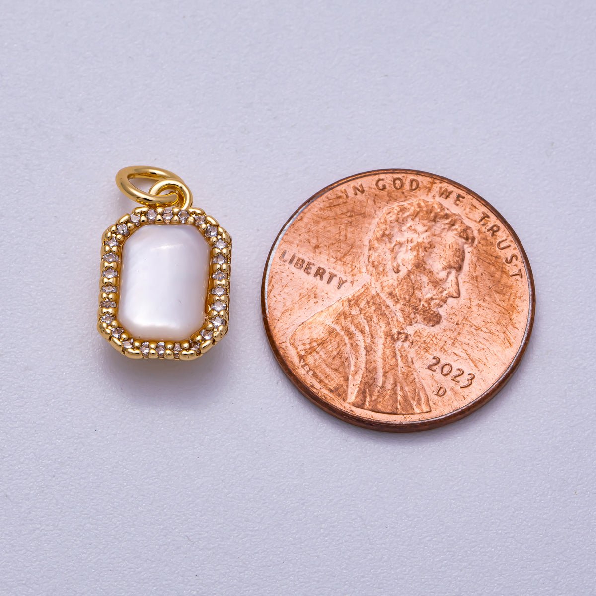 18K Gold Filled 13mm White Shell Pearl Micro Paved CZ Rectangle Bezel Mini Charm | Charms - 00552 - DLUXCA