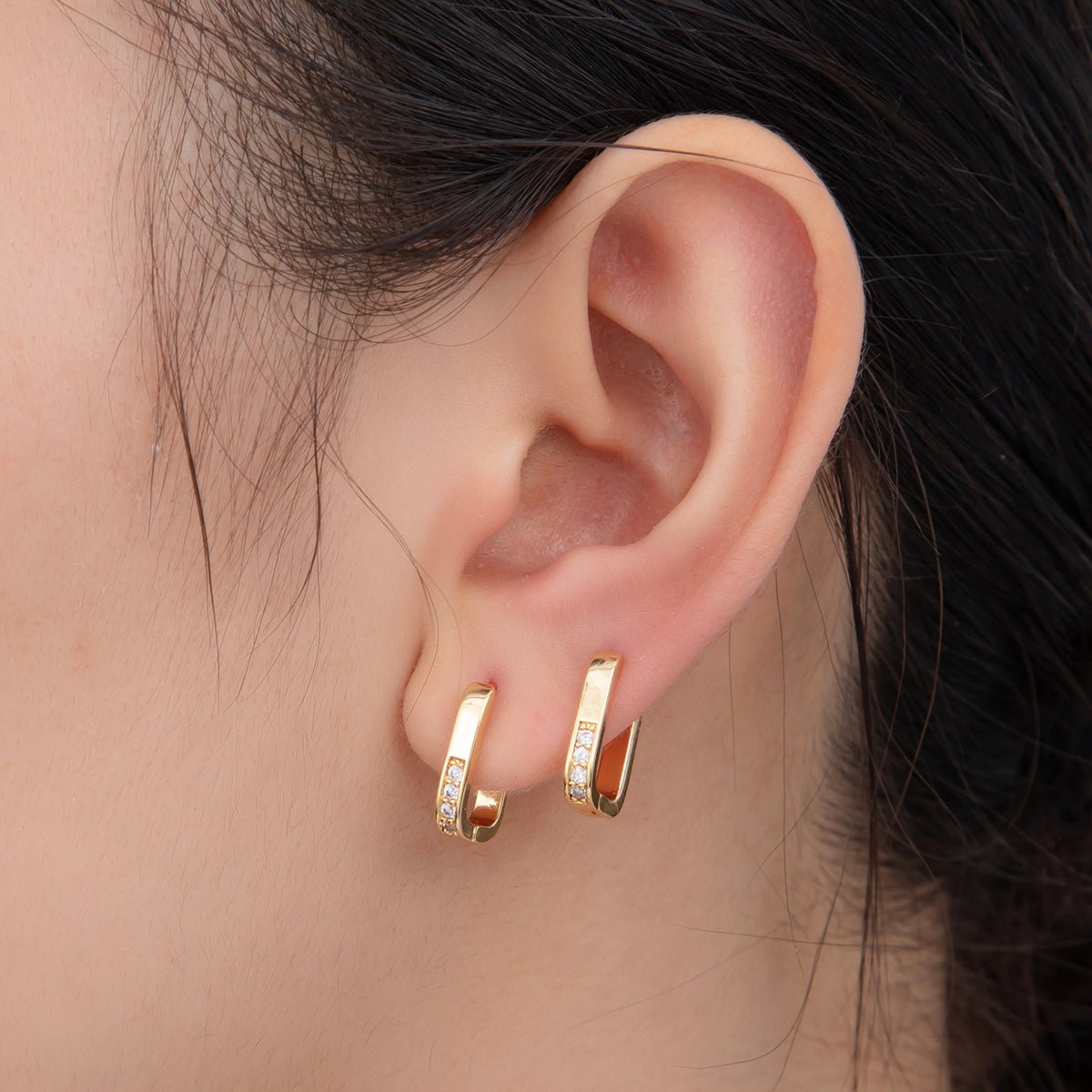 18K Gold Filled 14.5mm Micro Paved CZ Oblong Huggie Earrings | AI351 - DLUXCA