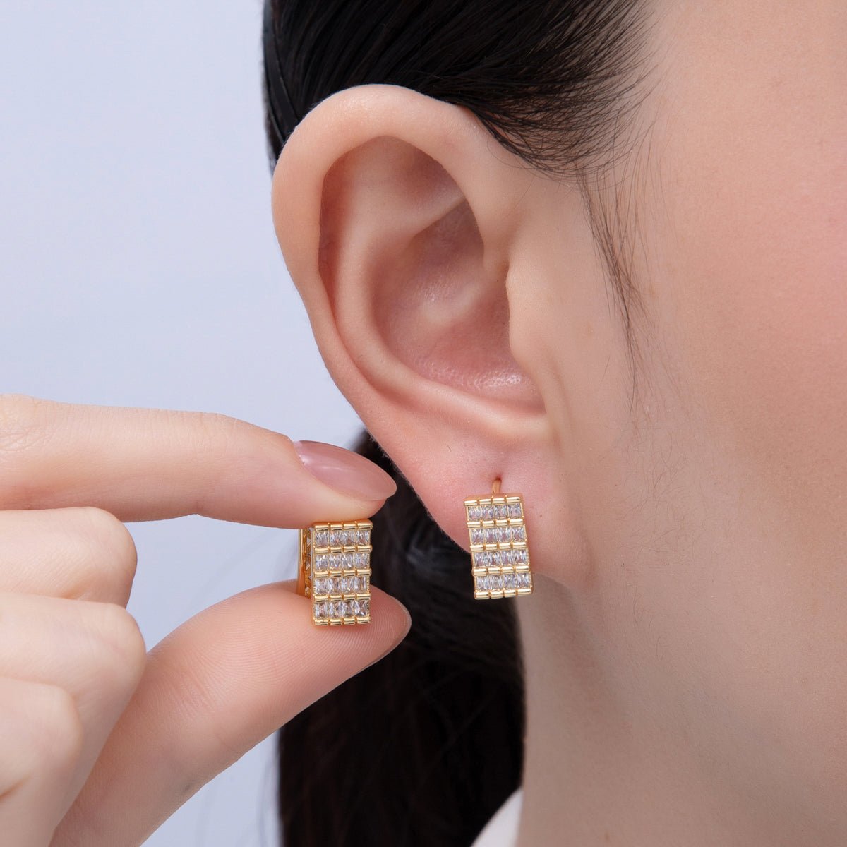 18K Gold Filled 14mm Baguette CZ Wide Rectangular Filigree Cartilage Hoop Earrings | T480 - DLUXCA