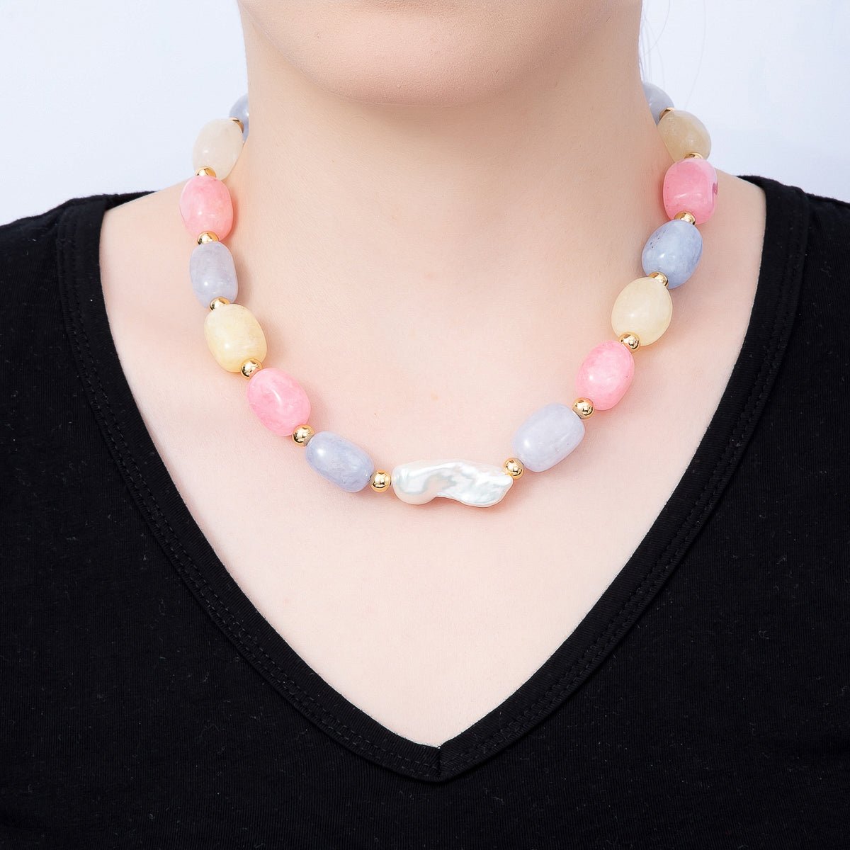 18K Gold Filled 14mm Baroque Freshwater Pearl Pastel Multicolor Agate Bead Gemstone Chain 18 Inch Necklace | WA-00545 - DLUXCA