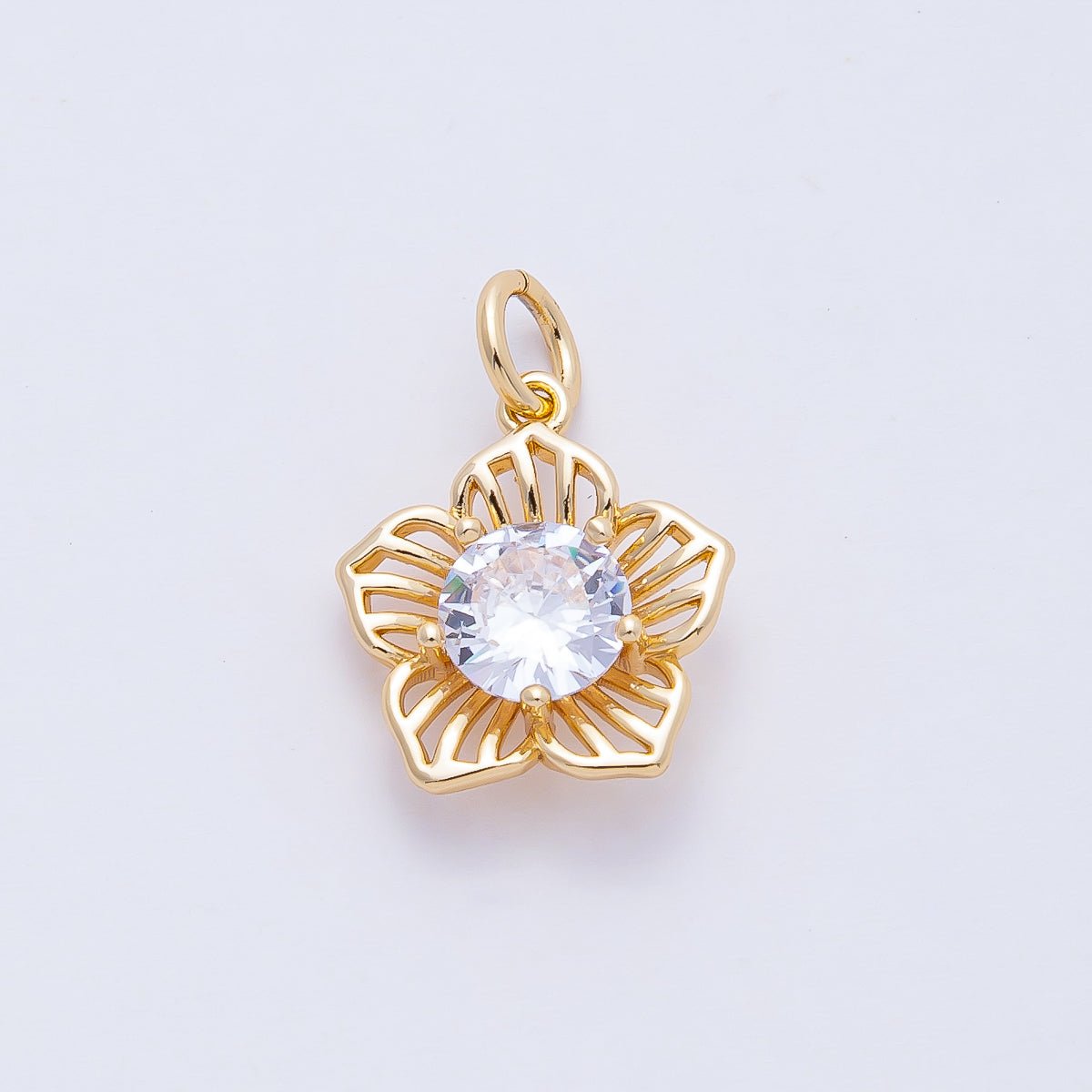 18K Gold Filled 14mm Blooming Plumeria Five Petals Flower Round CZ Charm | AF1460 - DLUXCA