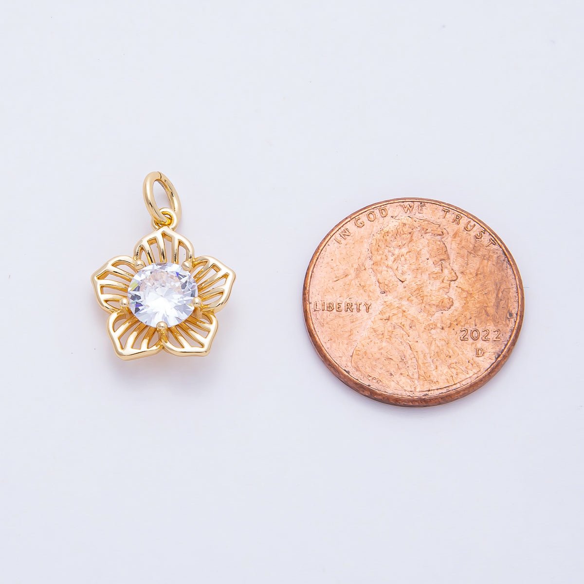18K Gold Filled 14mm Blooming Plumeria Five Petals Flower Round CZ Charm | AF1460 - DLUXCA