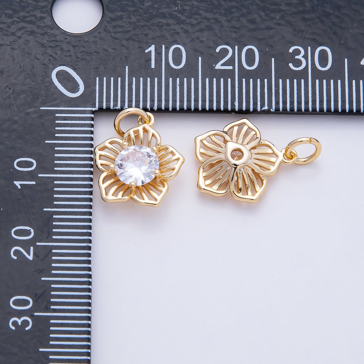 18K Gold Filled 14mm Blooming Plumeria Five Petals Flower Round CZ Charm | AF1460 - DLUXCA