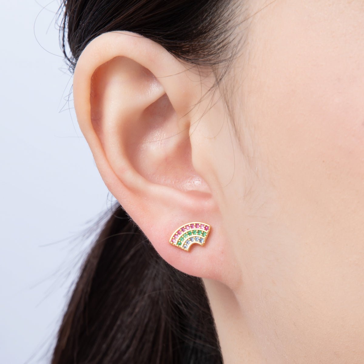 18K Gold Filled 14mm Multicolor Micro Paved CZ Fan Stud Earrings | Earrings - 00106 - DLUXCA