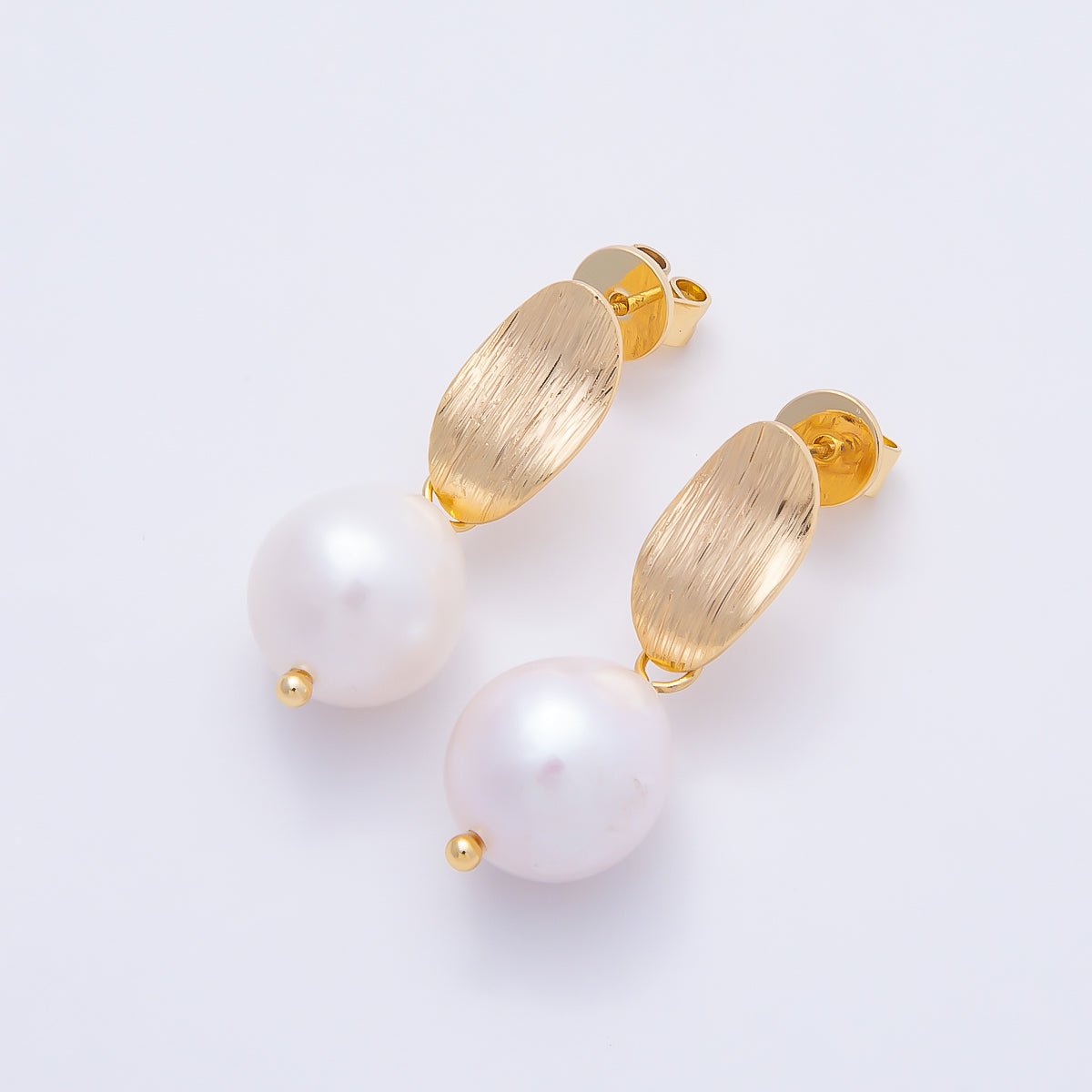 18K Gold Filled 14mm Shell Pearl Round Textured Drop Stud Earrings | Earrings-00468 - DLUXCA