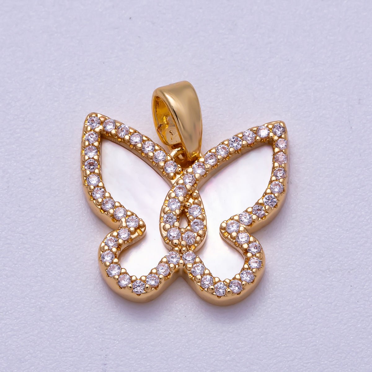 18K Gold Filled 14mm White Shell Pearl Micro Paved CZ Butterfly Bezel Mini Pendant | Charms - 00550 - DLUXCA